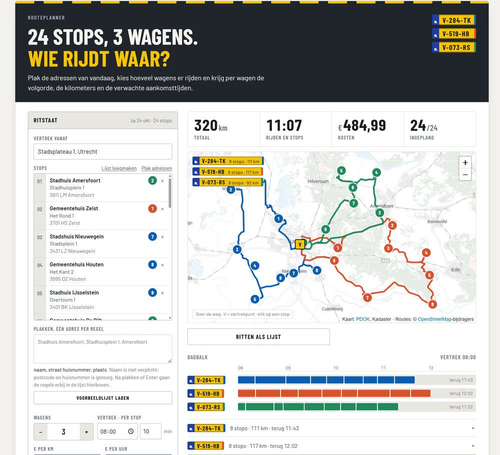 Routeplanner met drie ritten op de kaart en een dagbalk per wagen