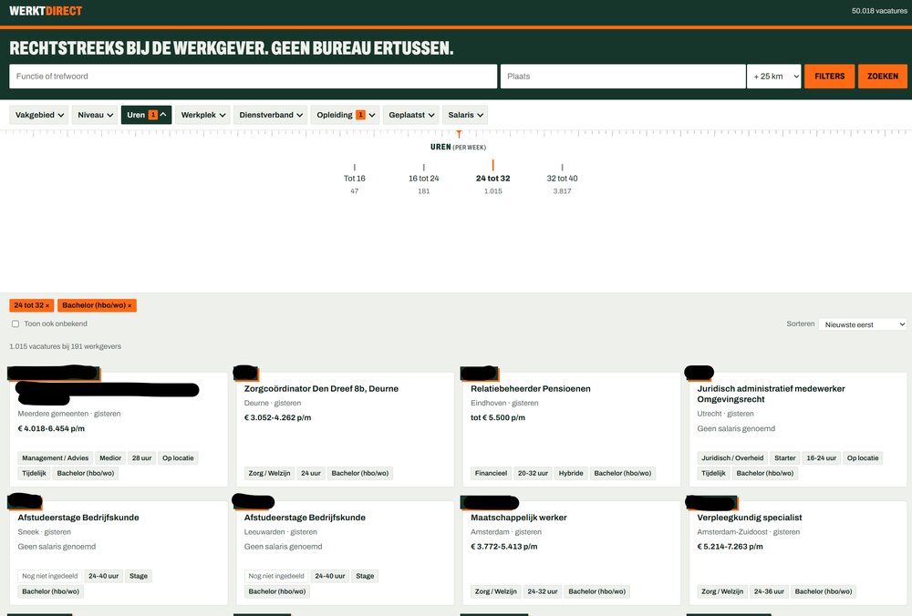Zoekpagina van WerktDirect met vacatures van werkgevers zelf
